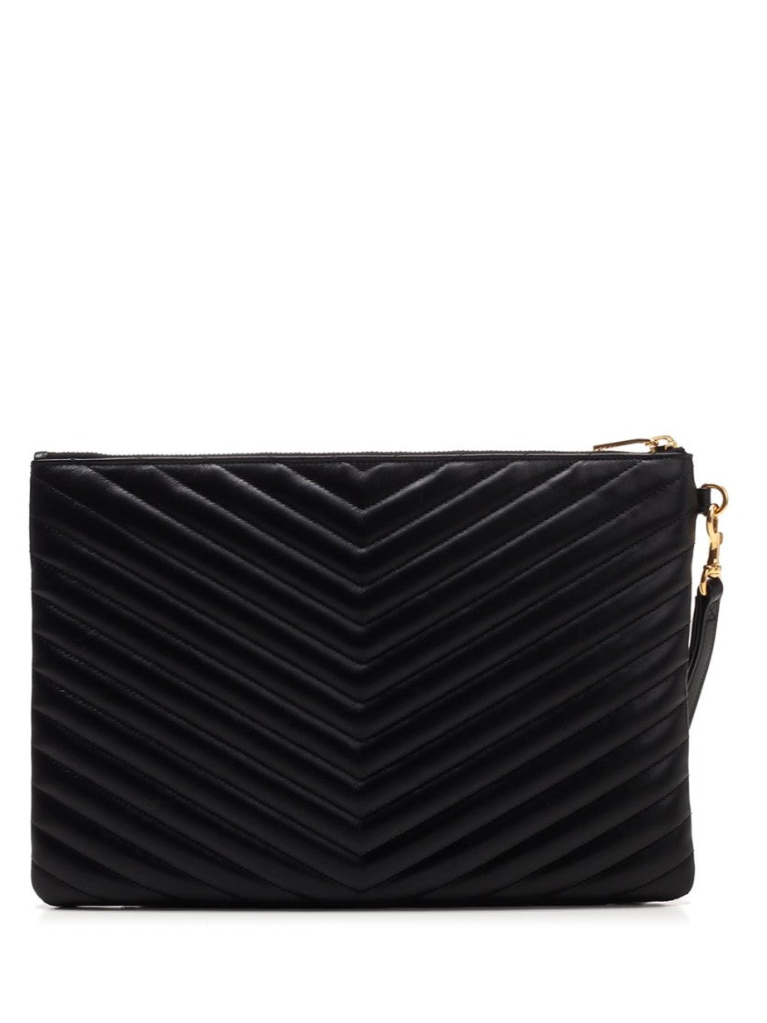 Chevron Quilted Leather Clutch with Wrist Strap