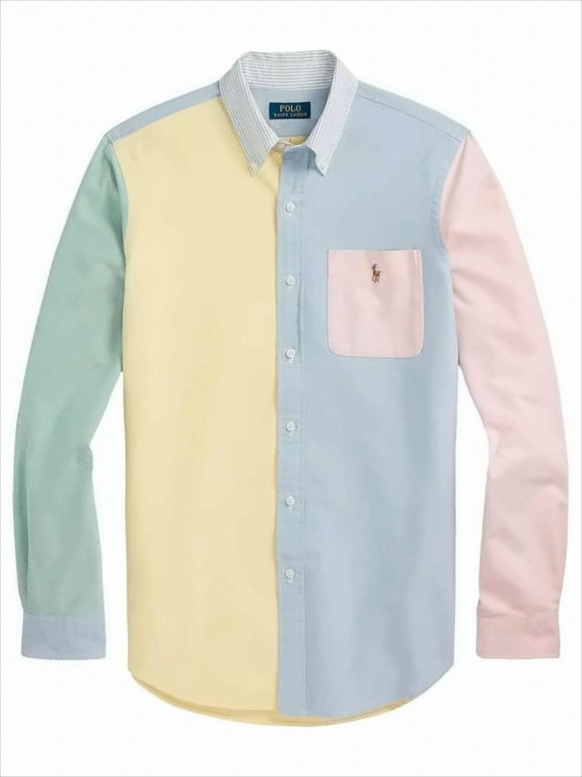 Pastel Patchwork Long Sleeve Shirt With Contrasting Chest Pocket