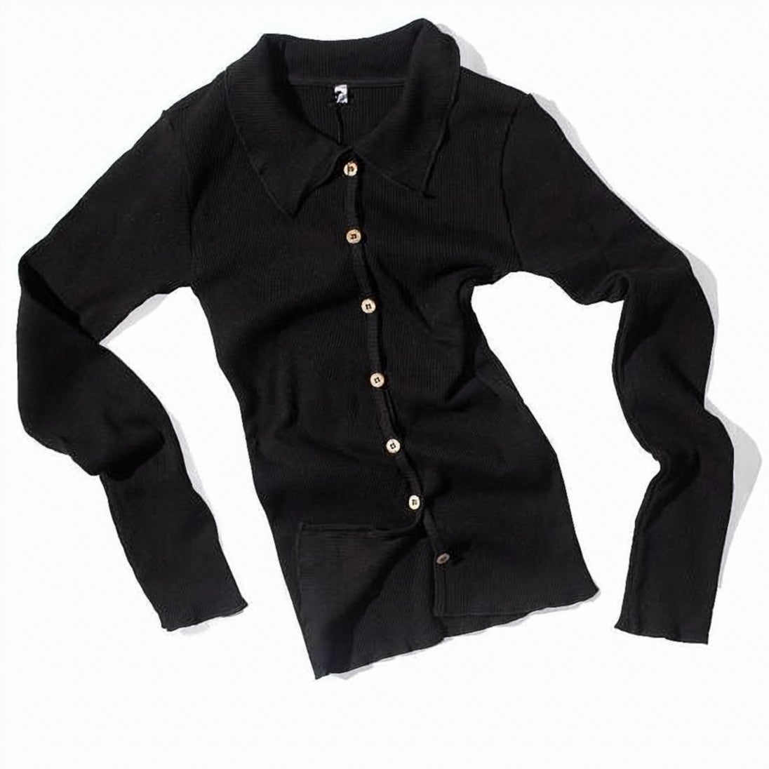 Ribbed Textured Long-Sleeved Button-Up Top