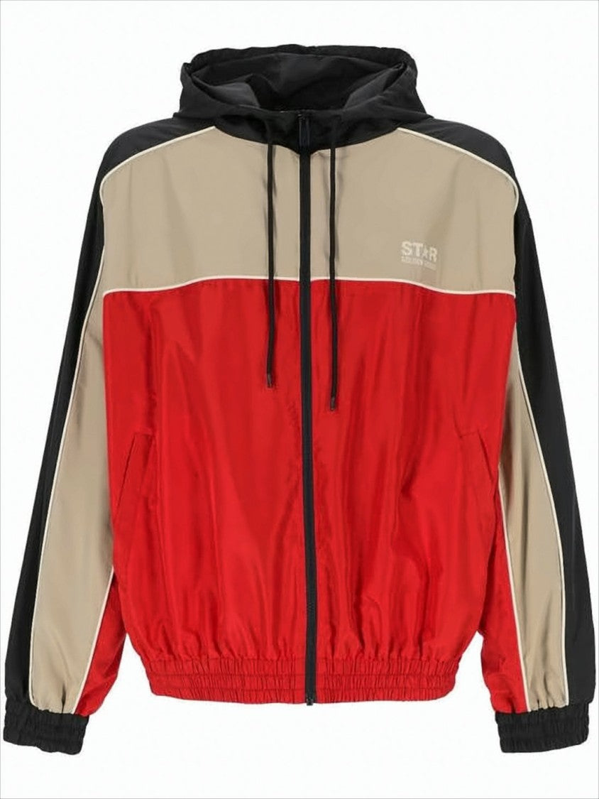 Color-Block Casual Jacket with Drawstring Hood and Lightweight Fabric