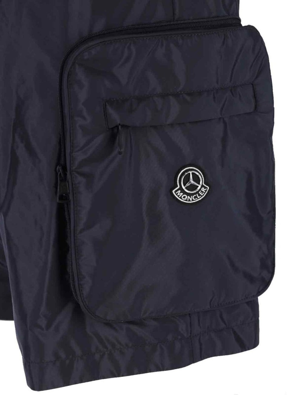 Navy Nylon Cargo Shorts With Silver Logo Detail