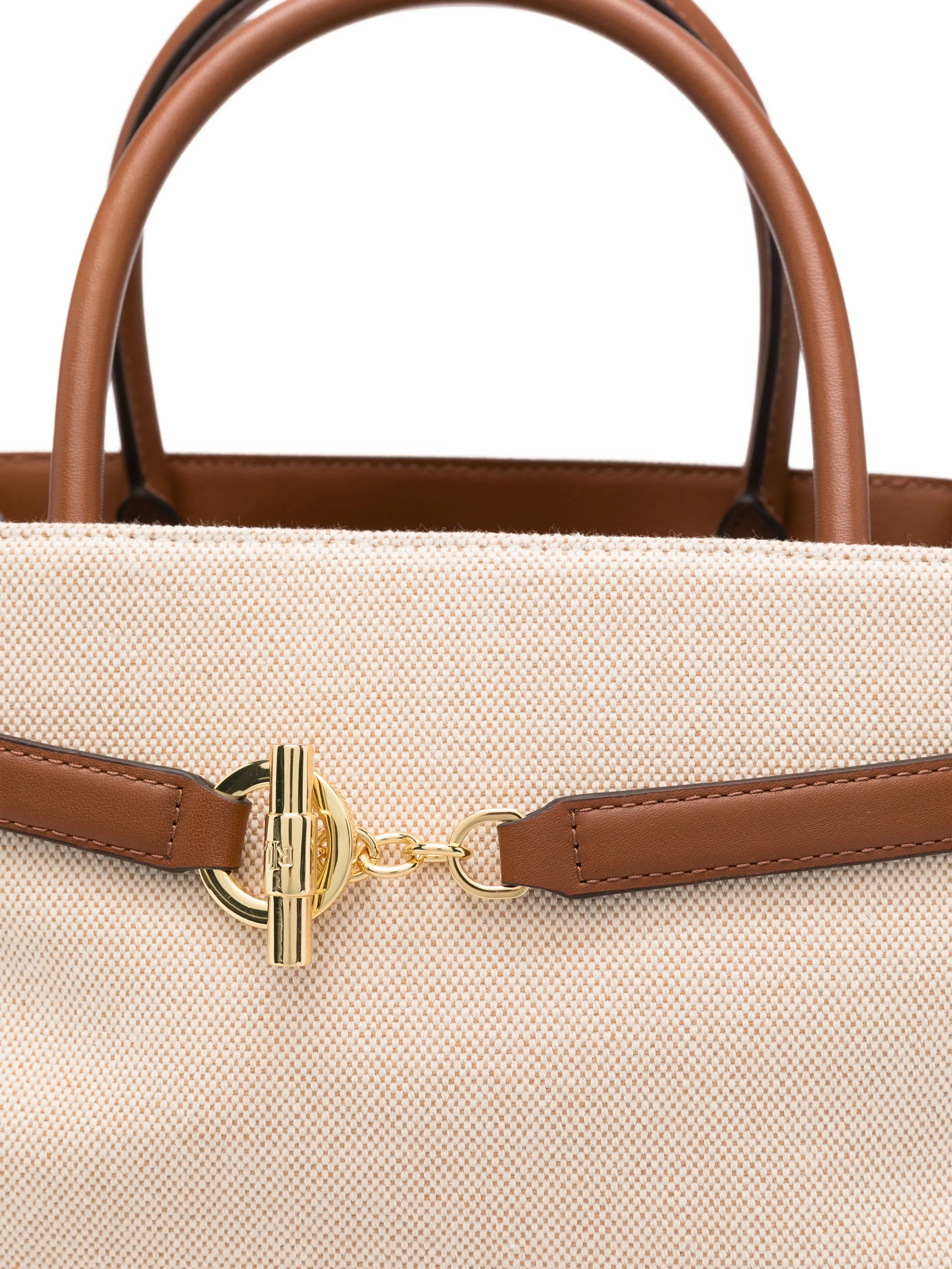 Structured Beige Canvas Handbag with Brown Leather Accents
