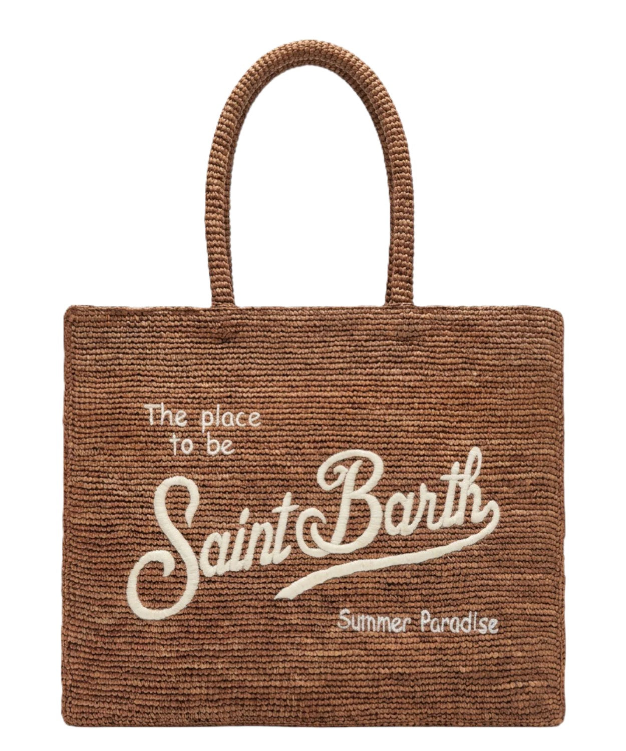 Textured Brown Woven Tote Bag with Embroidered Statement
