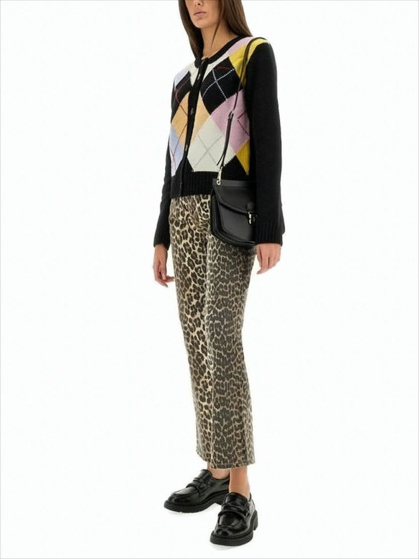 Button-Up Cardigan With Pastel Argyle Pattern And Ribbed Cuffs