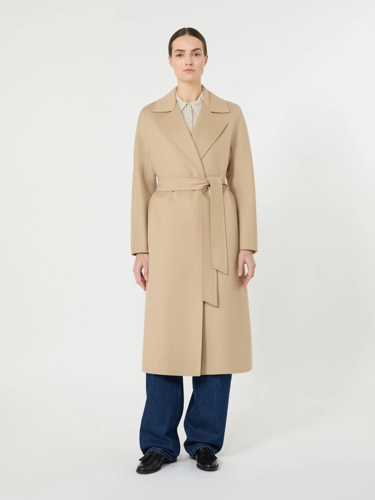 Knee-Length Coat with Wide Lapel and Self-Tie Belt