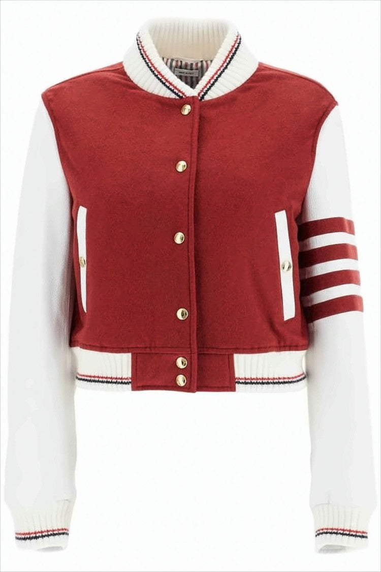 Cropped Varsity Jacket in Rich Red with Contrast Leather Sleeves