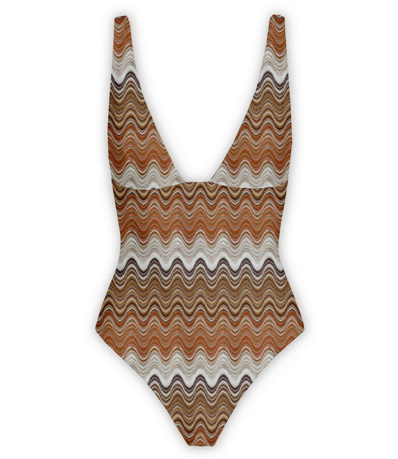 Deep V-Neck One-Piece Swimsuit with Textured Zigzag Pattern