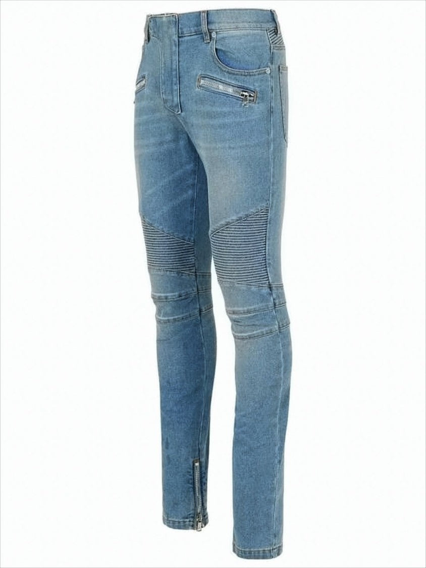 Light Blue Slim-Fit Denim Pants with Ribbed Detailing