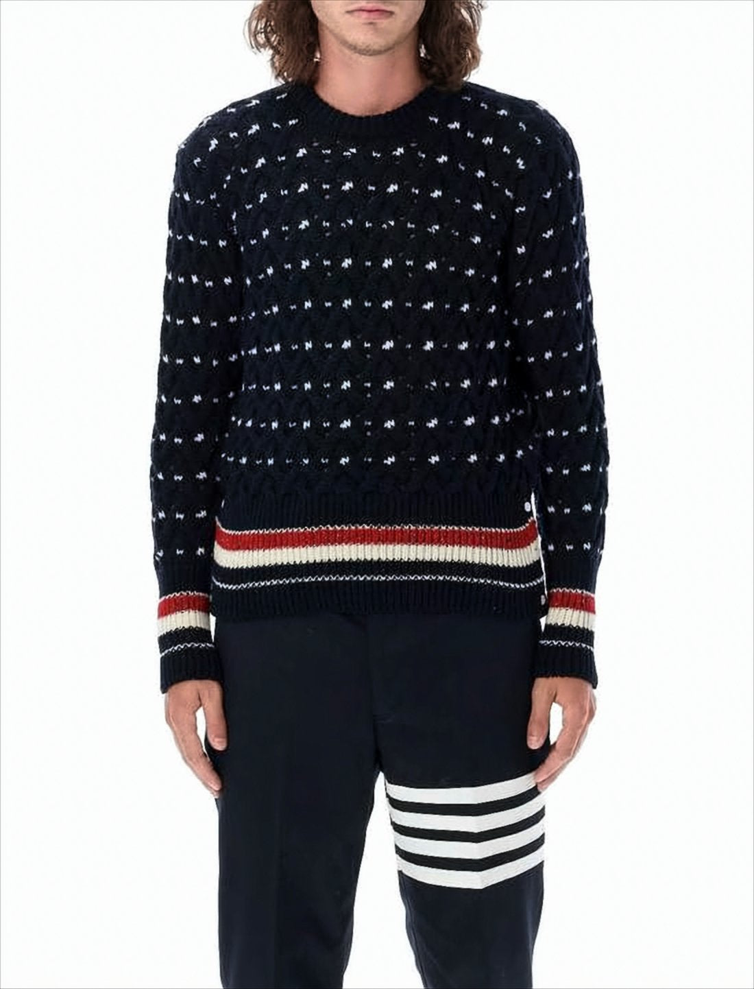 Textured Knit Sweater with Striped Hem and Contrasting Dots