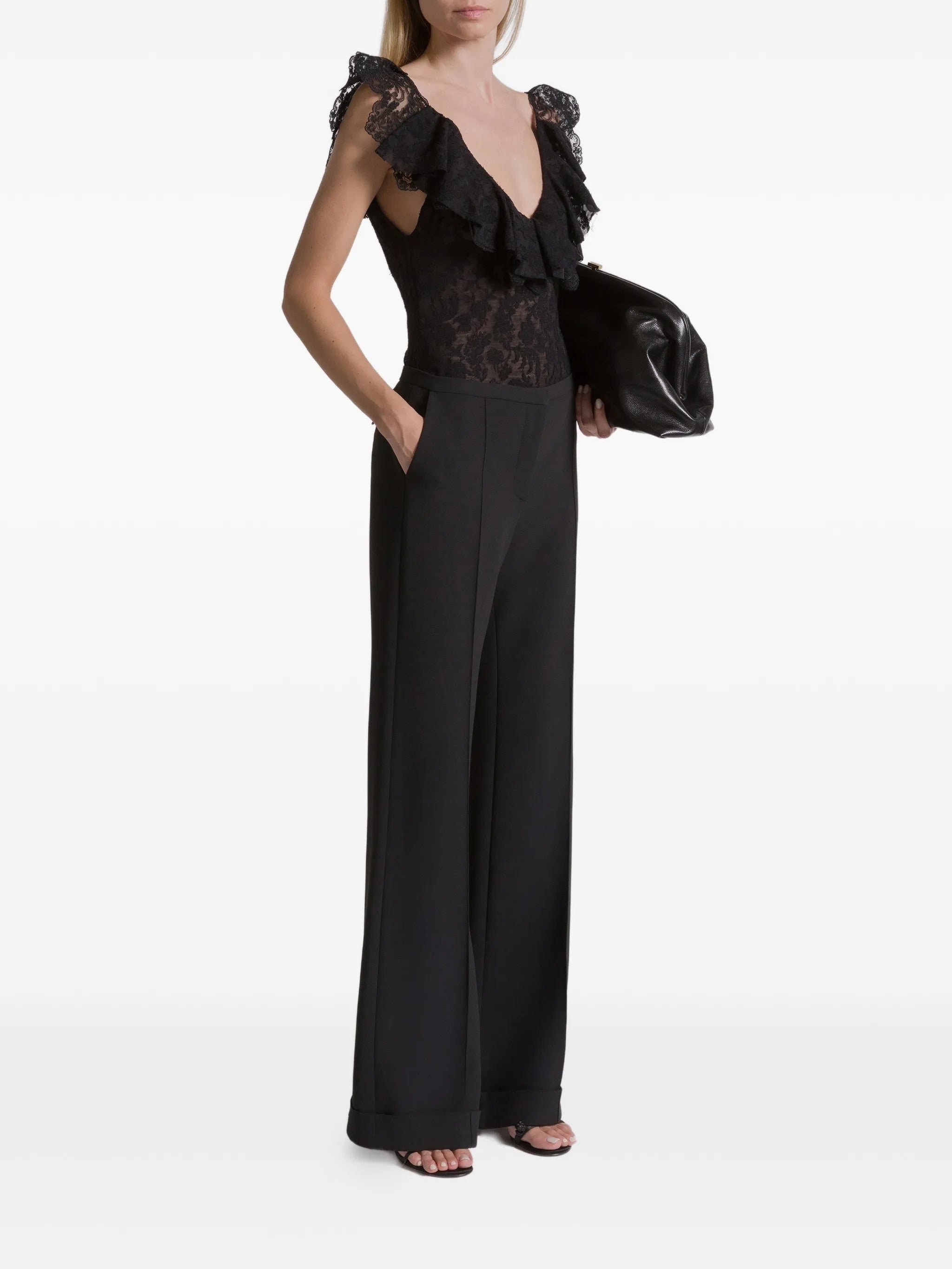 Black Body Fitted Lace Wool Bodysuit