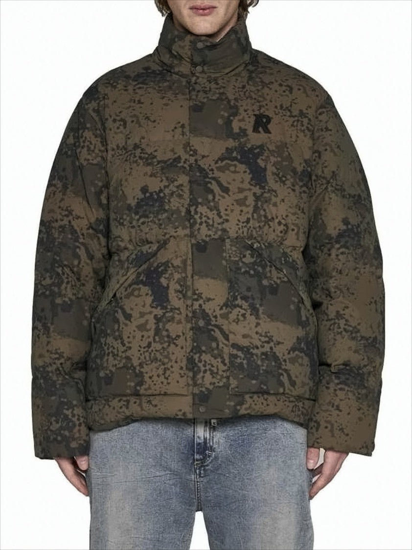 High-Collar Puffer Jacket with Camouflage Design