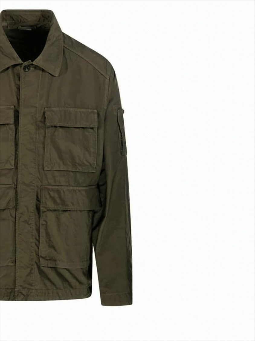 Utilitarian Green Jacket With Classic Collar And Adjustable Drawstrings