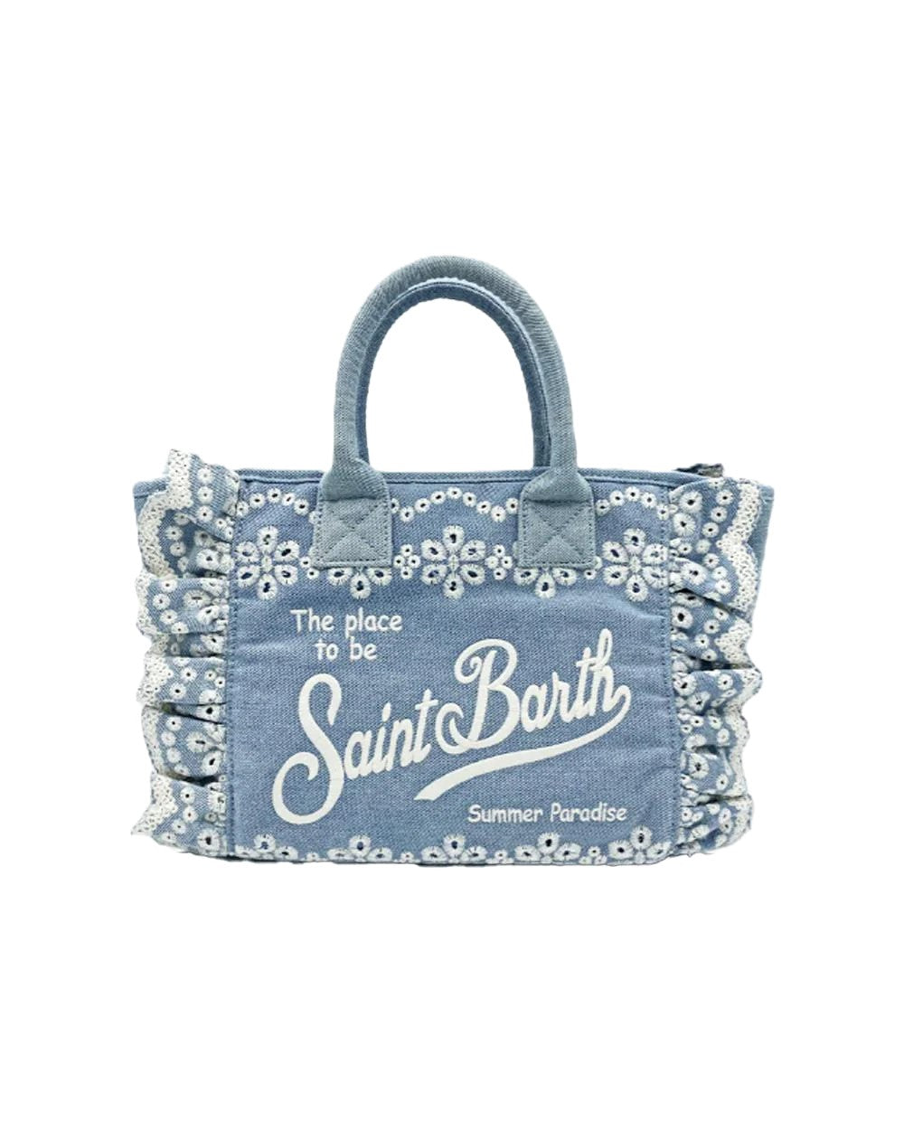 Textured Floral-Embroidered Tote Bag with Ruffled Edges