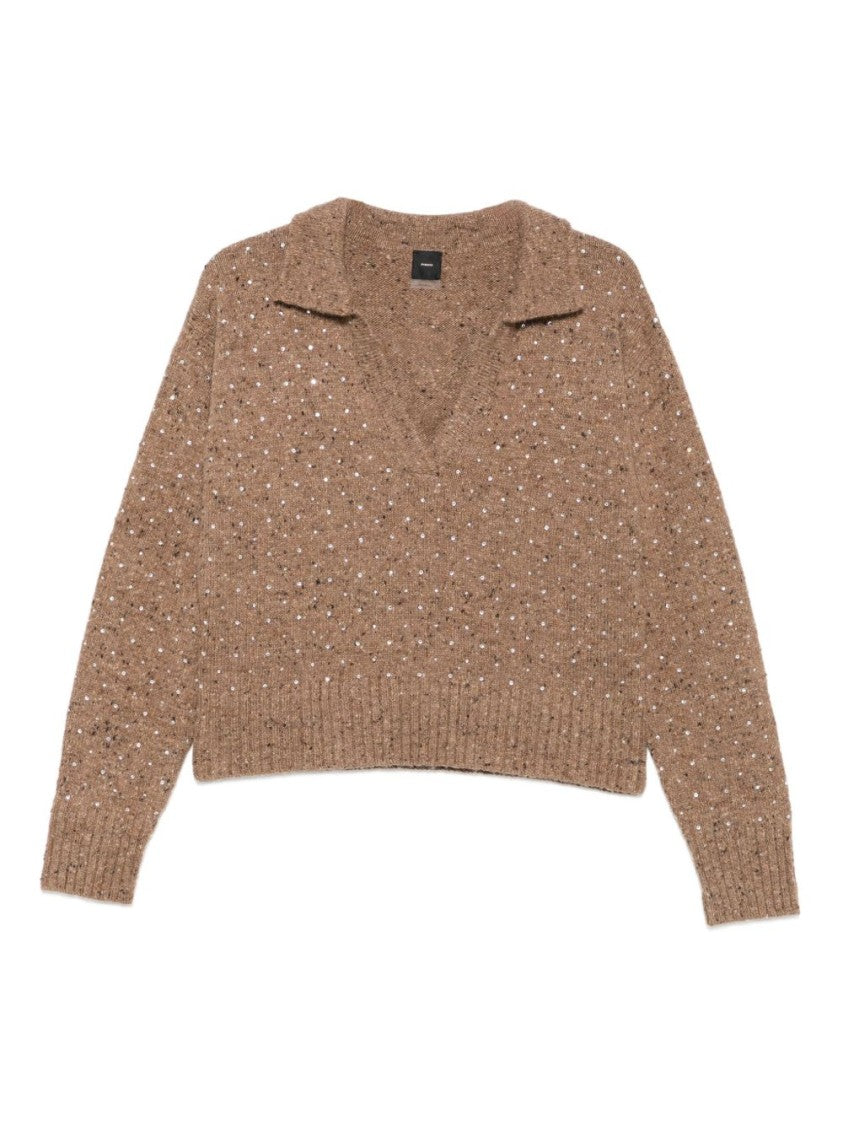 Camel Knit Top with Deep V-Neckline