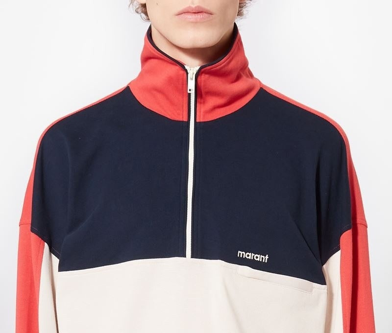 Color-blocked Pullover with High Collar and Half-Zip Closure