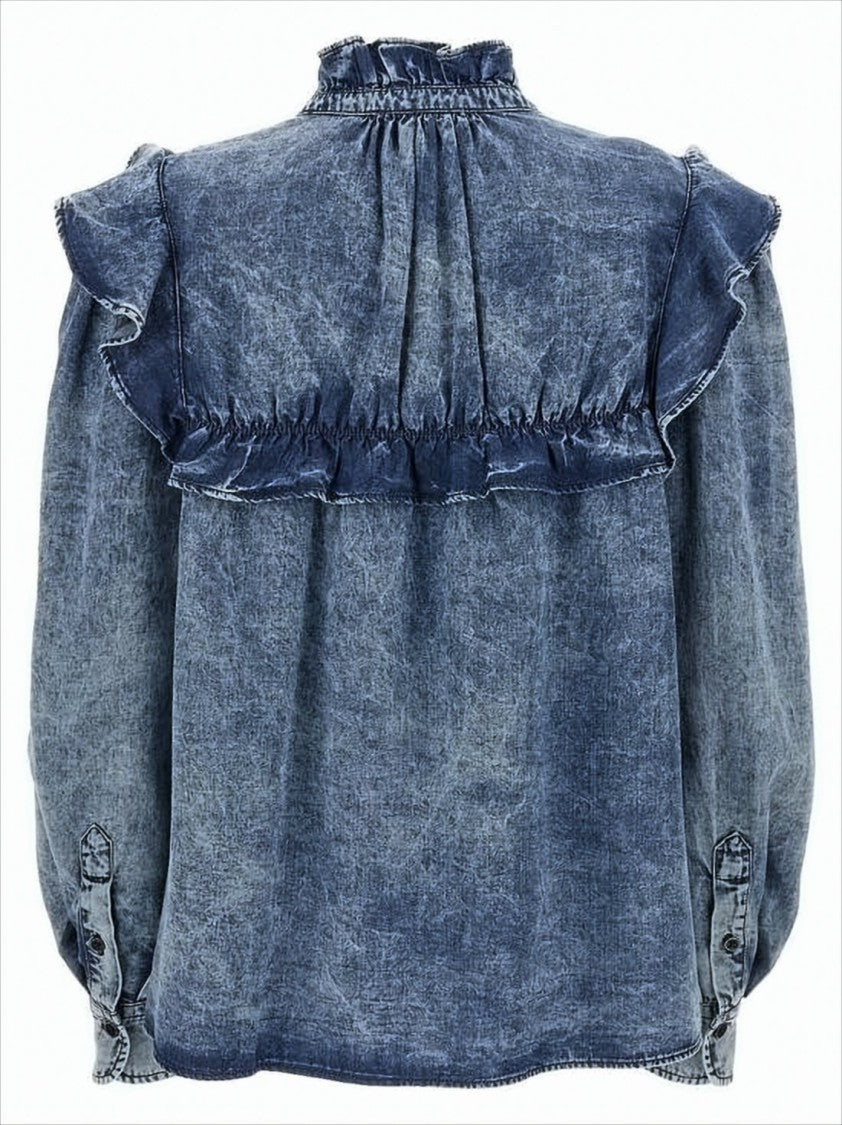 Ruffled Neckline Lyocell Shirt with Gathered Cuffs