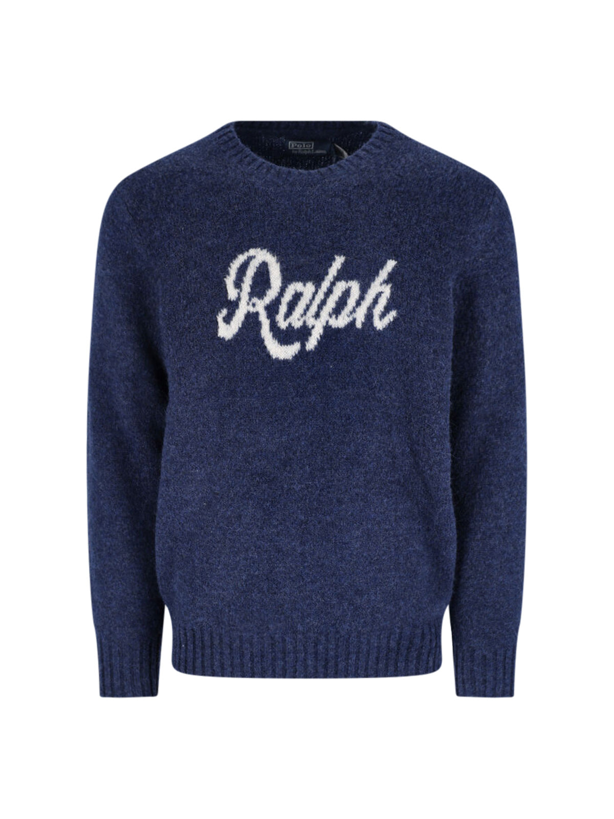 Crewneck Blue Wool-Blend Sweater with Jacquard Logo