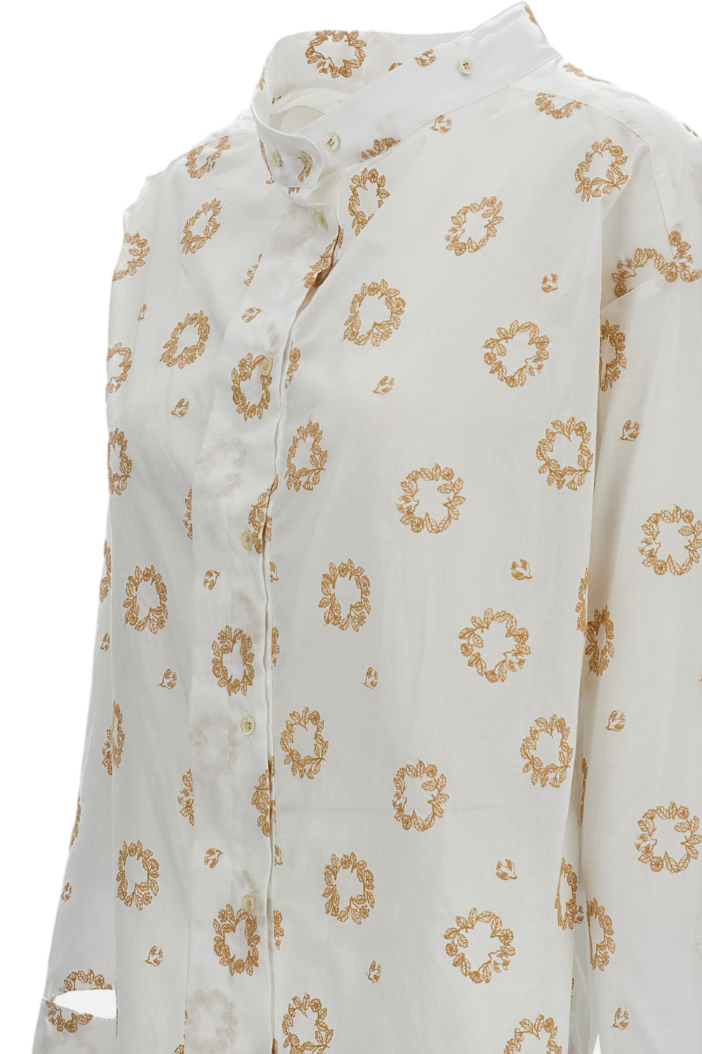 White Cotton Shirt with Floral Embroidery and Unique Cut-out Cuffs