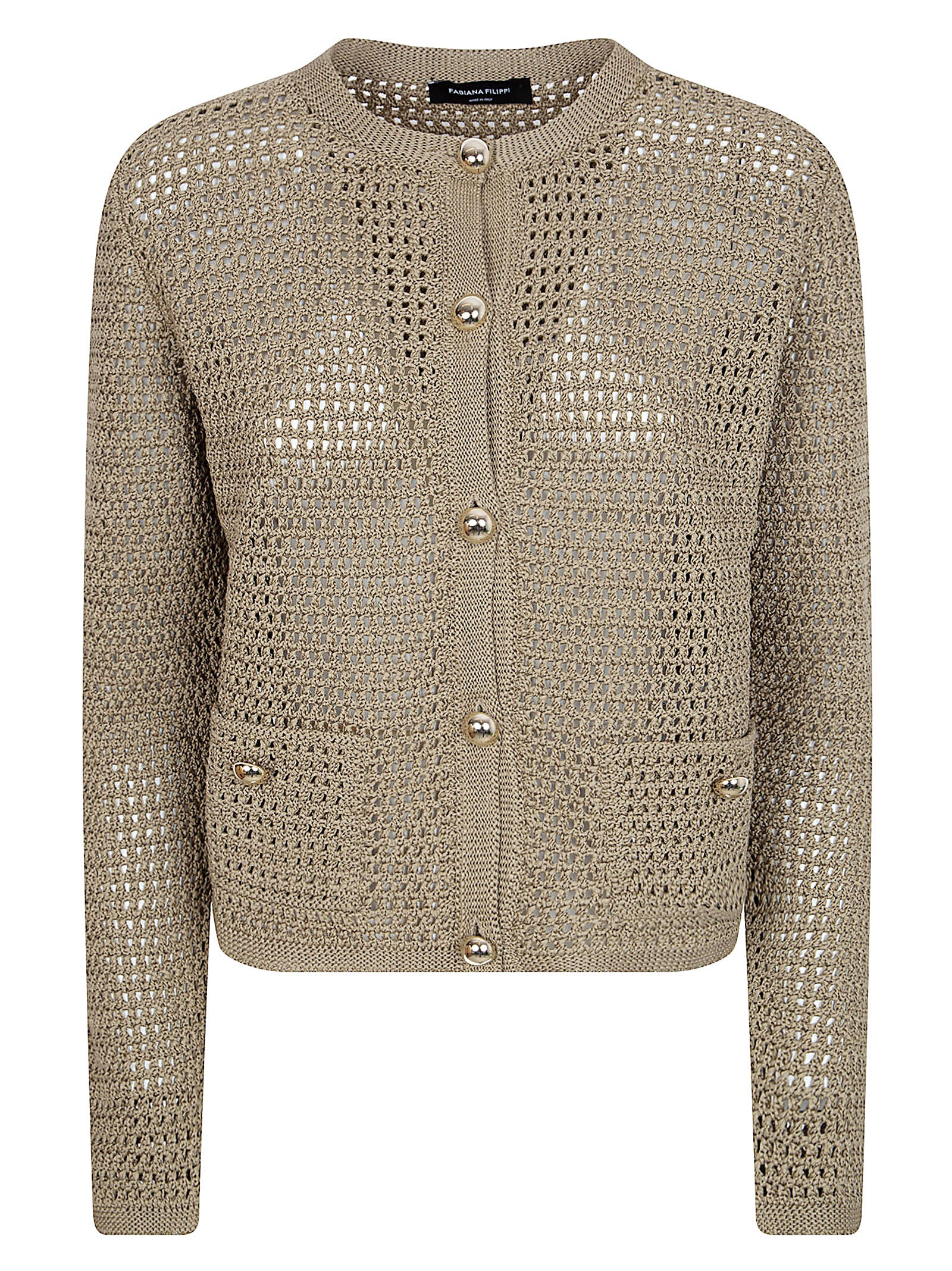 Brown Open-Knit Cardigan with Button-Down Front and Patch Pockets