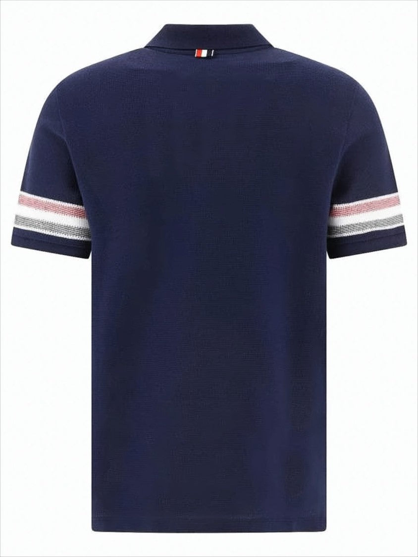 Textured Blue Knit Polo Shirt With Contrast Stripes