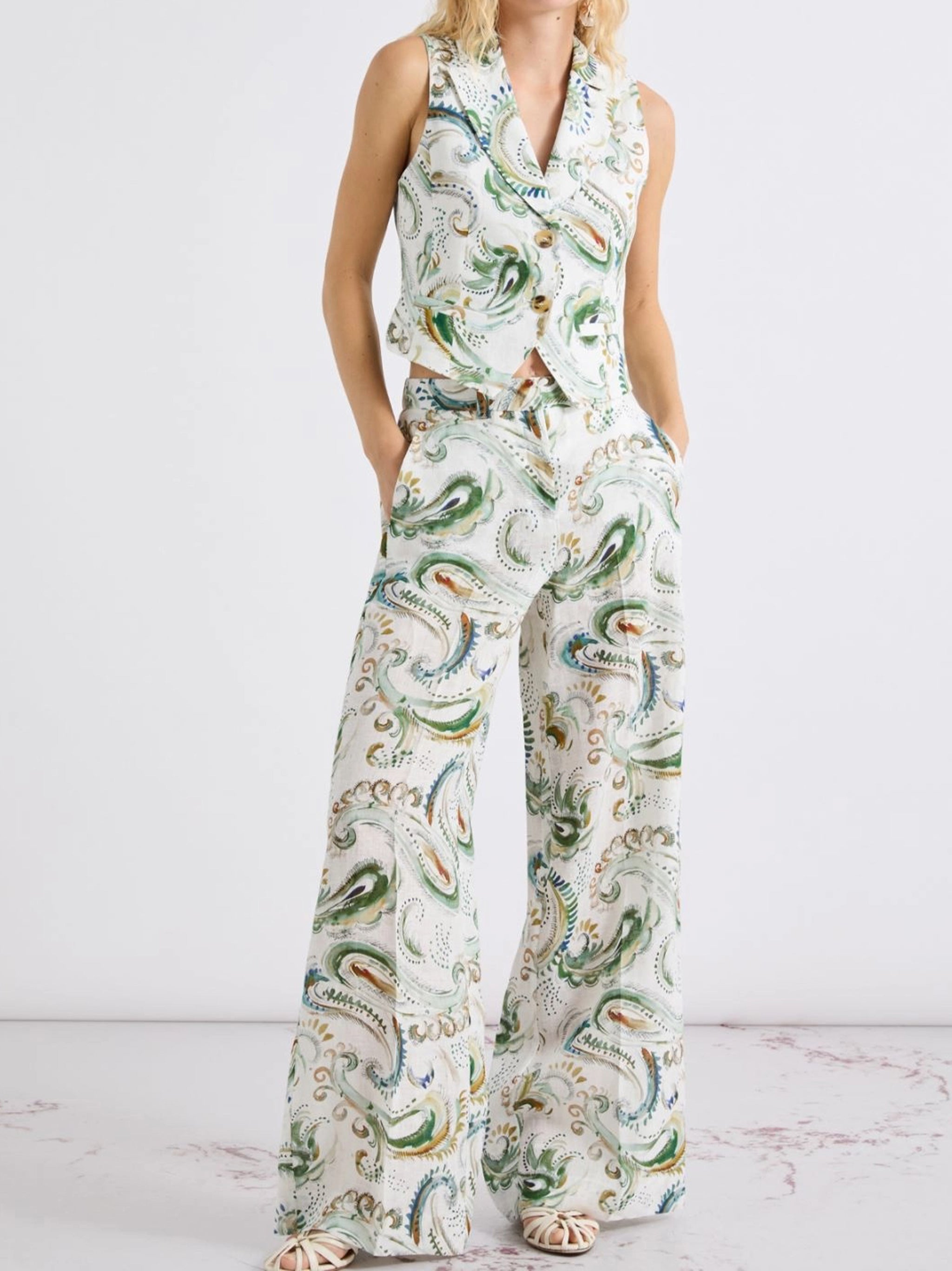 Neutral Mlldomino Patterned Wide-Leg Linen Pants