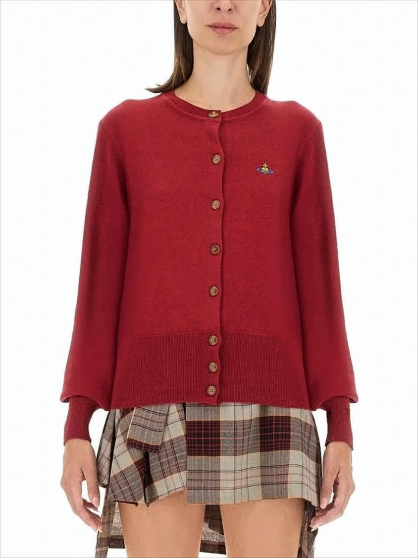 Classic Red Cashmere Blend Cardigan with Embroidered Emblem