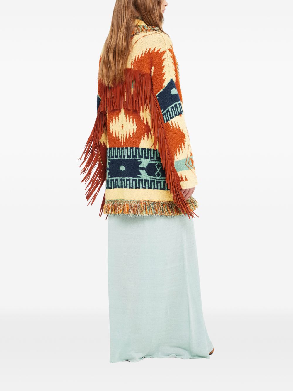 Geometric Patterned Cardigan With Shawl Collar
