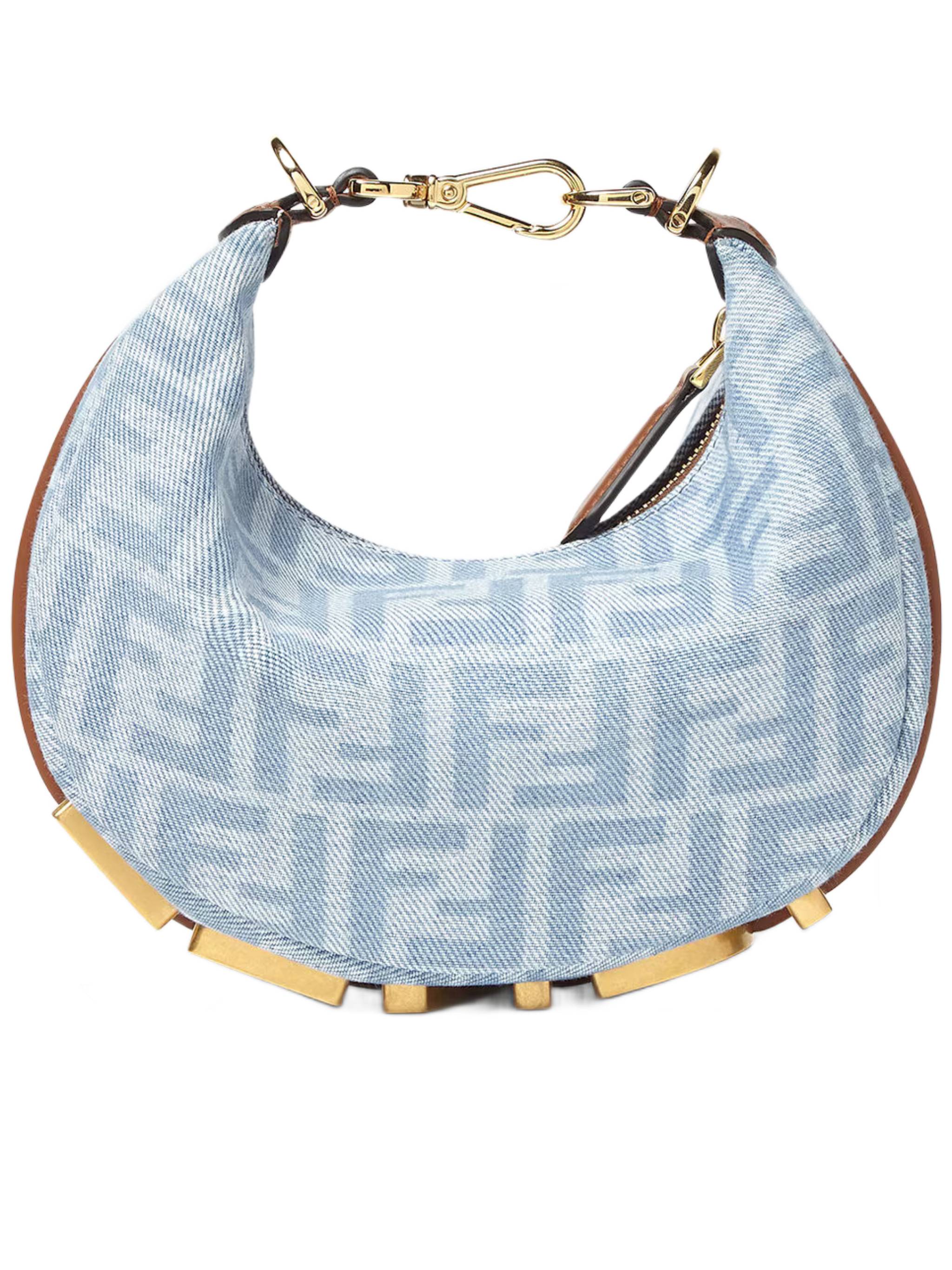 Crescent-Shaped Handbag with Light Blue Monogram and Gold Hardware