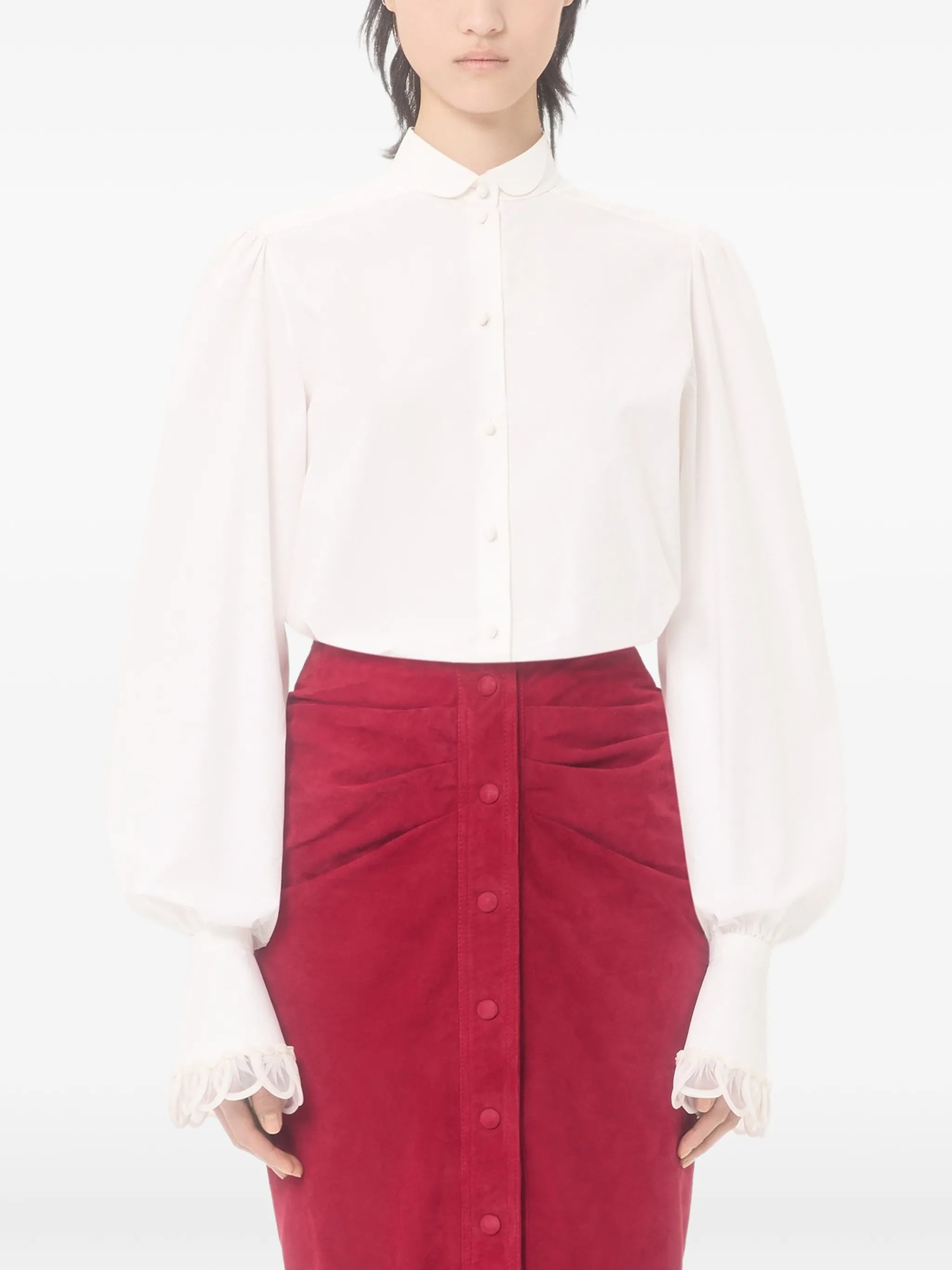 White Scalloped Embroidery Long-Sleeve Cotton Shirt