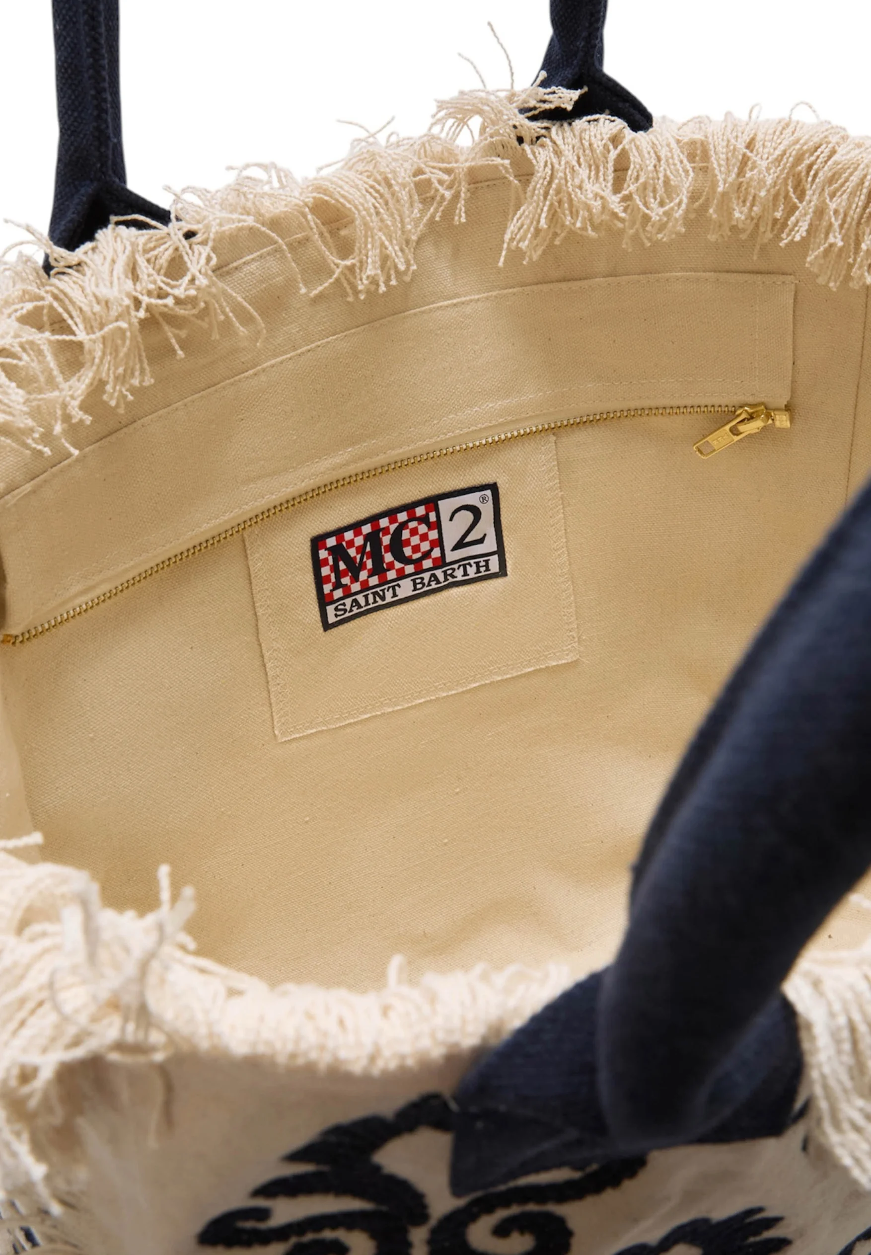 Fringed Natural Beige Tote Bag with Black Detailing