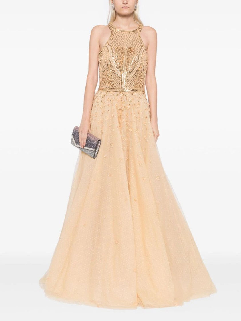 Tulle Beaded Dress With Halter Neckline