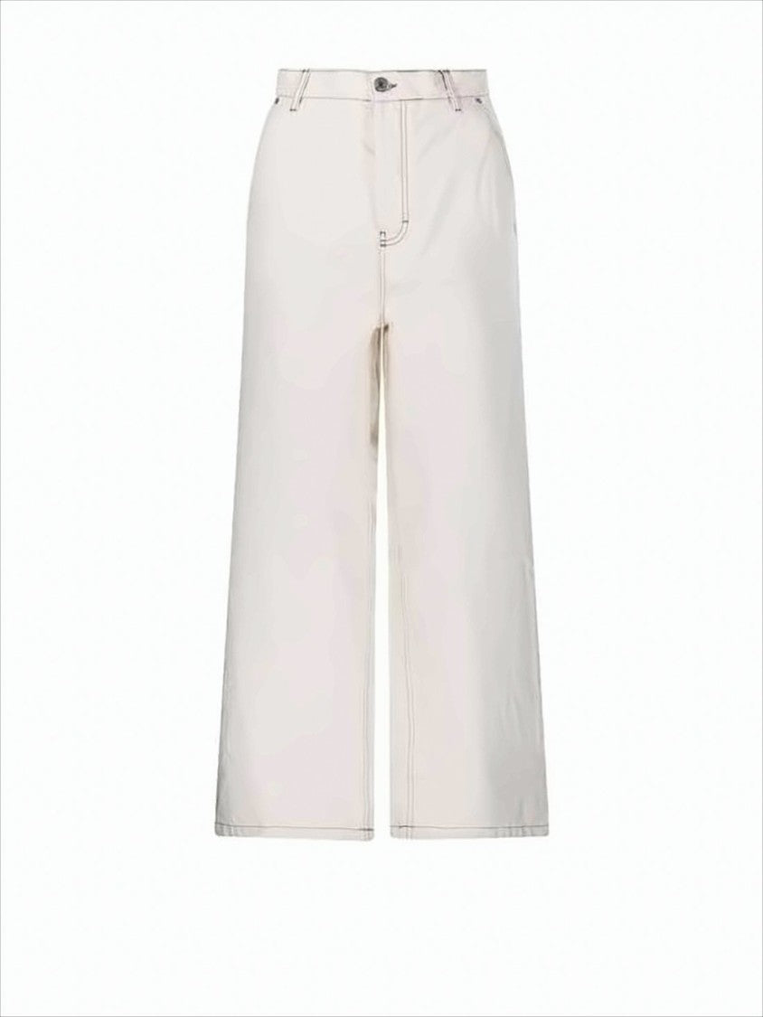 Light Cream Wide-Leg Denim Pants with Contrasting Stitching