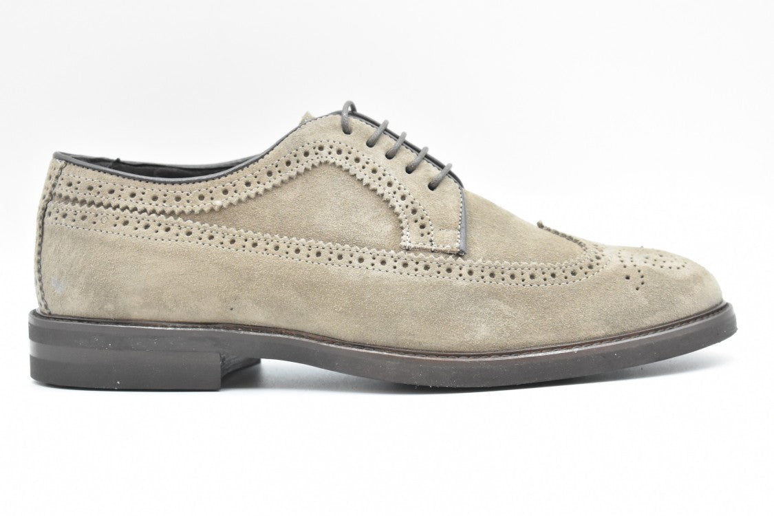 Beige Suede Wingtip Flat Shoes With Detailing