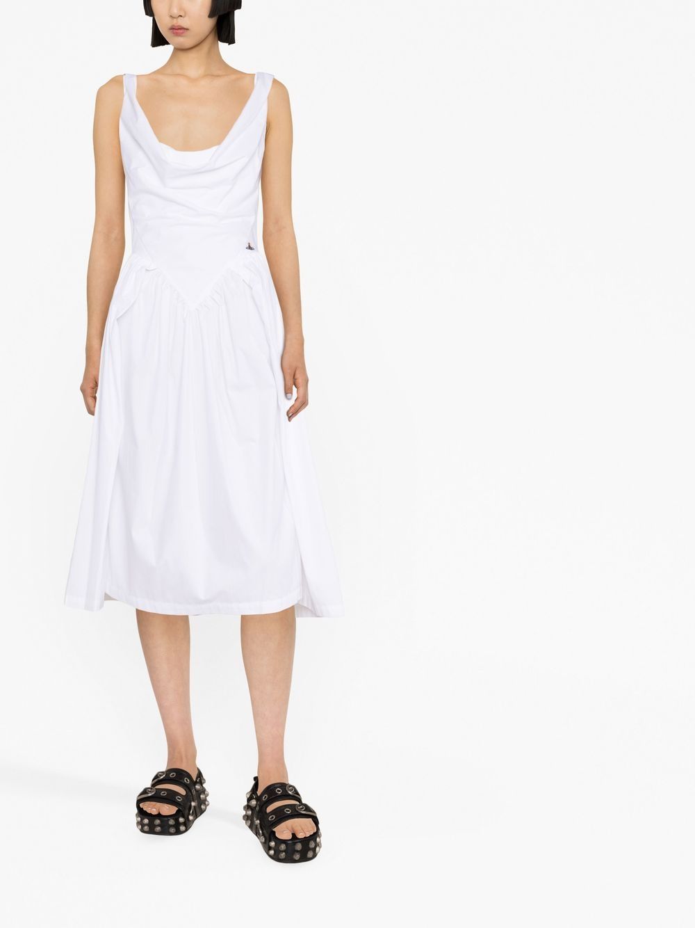 Draped Midi Dress With Fitted Bodice And Gathered Skirt