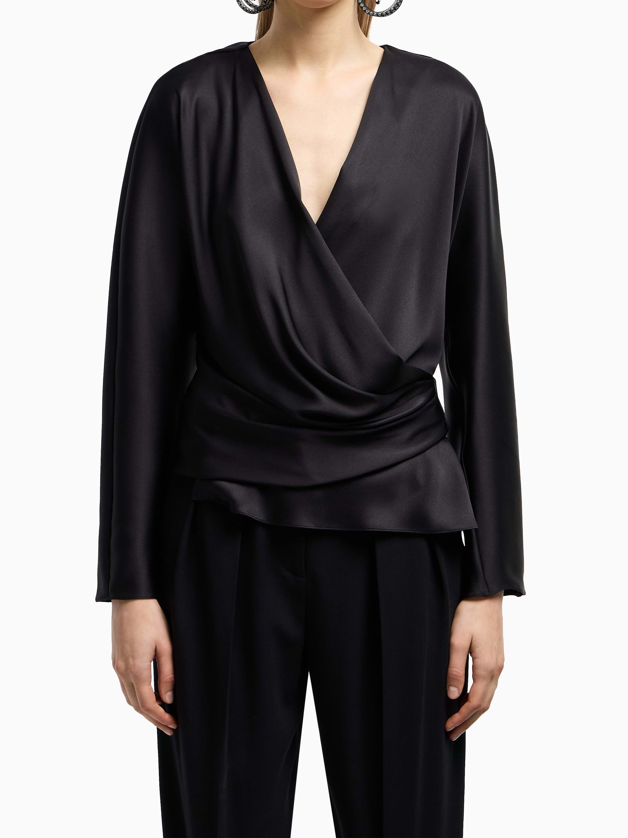 Draped V-Neck Double Silk Satin Shirt