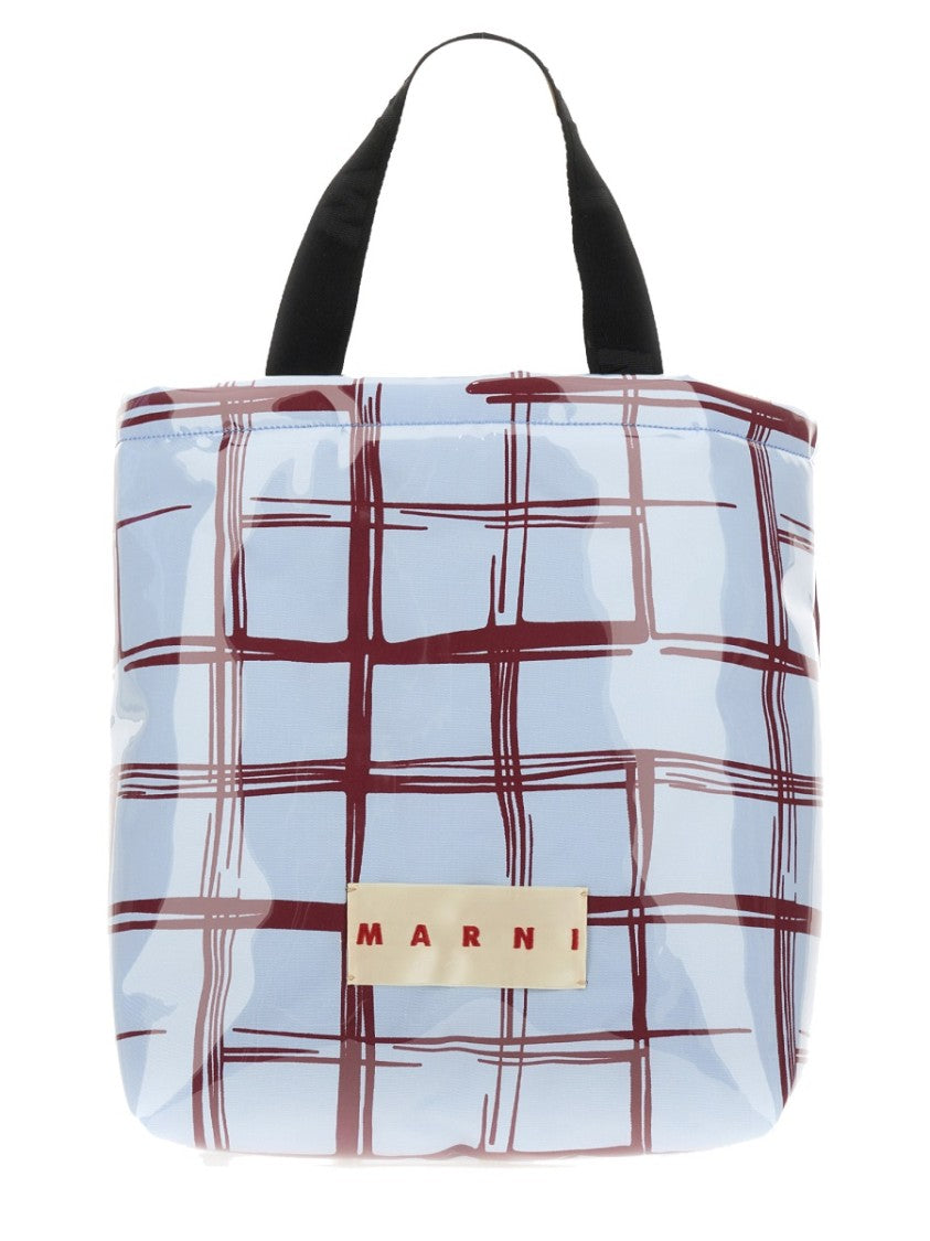 Glossy Coated Canvas Tote Bag With Double Handles And Plaid Pattern
