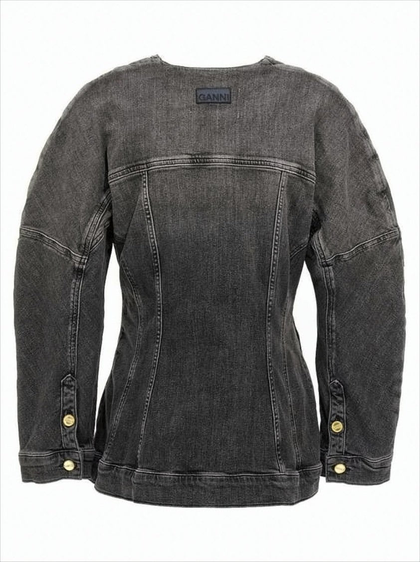 Structured V-Neck Denim Jacket with Gold-tone Accents