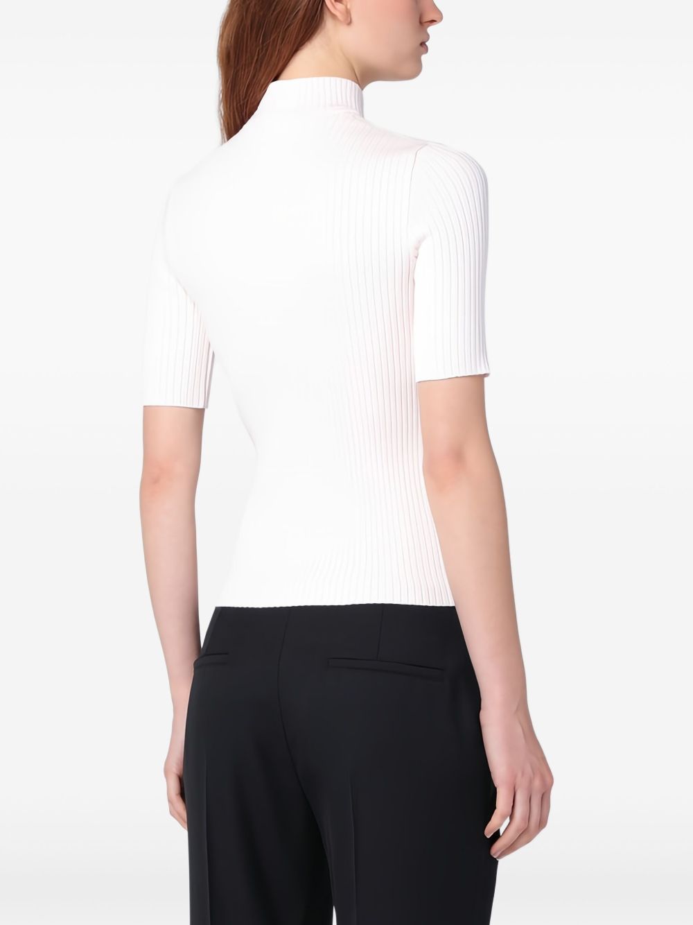 Ribbed Silk-Nylon Top With Mock Neck