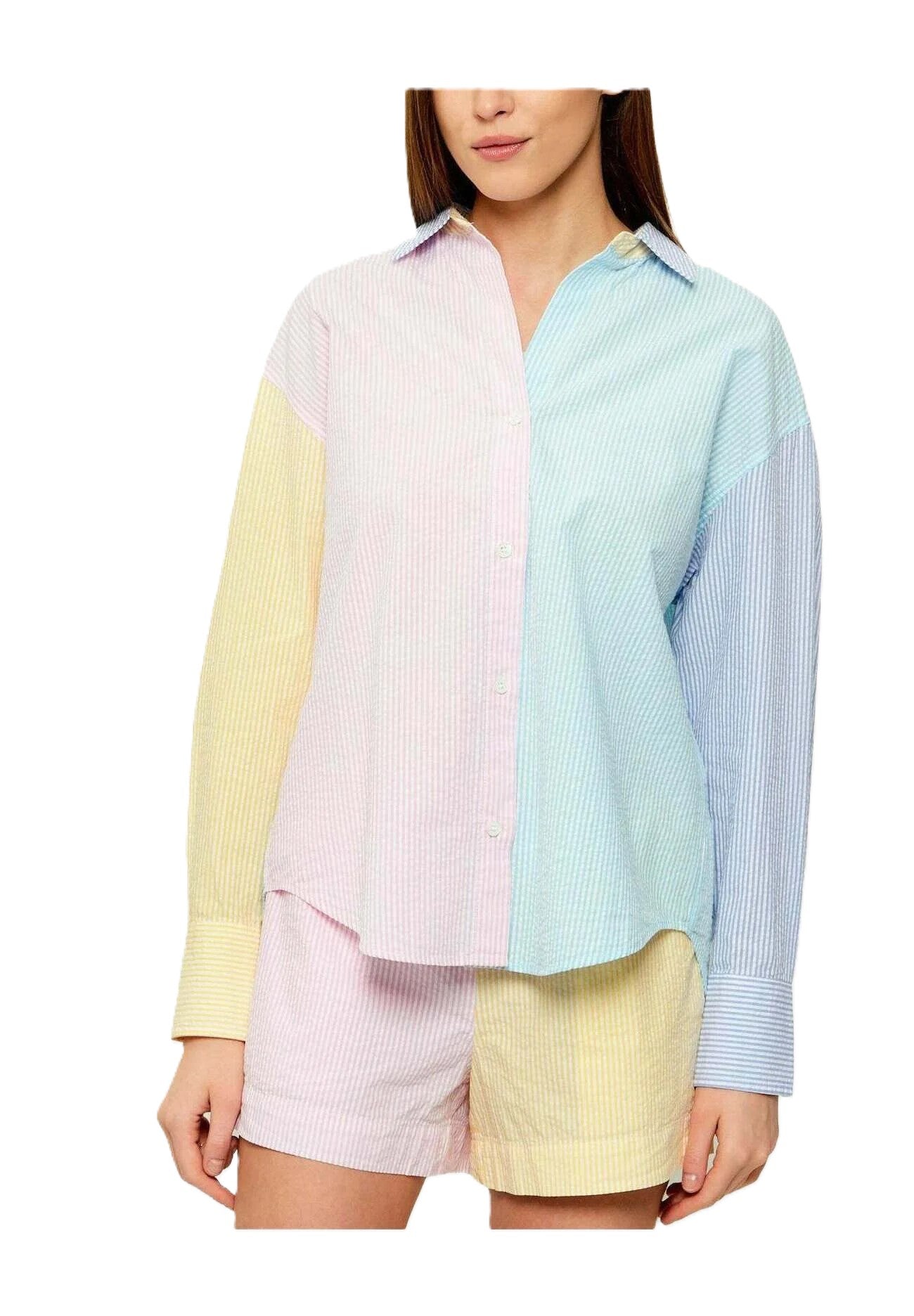 Patchwork Button-Up Shirt with Vertical Stripes