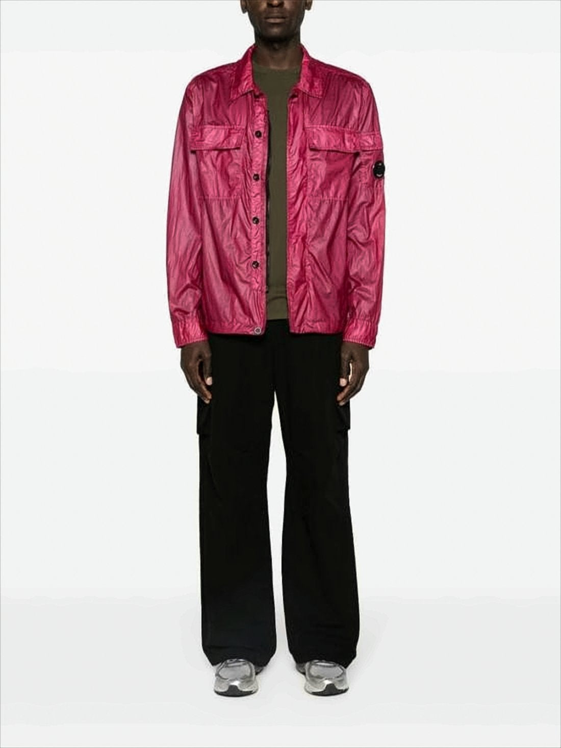 Shiny Crinkled Texture Jacket With Classic Collar And Logo Patch