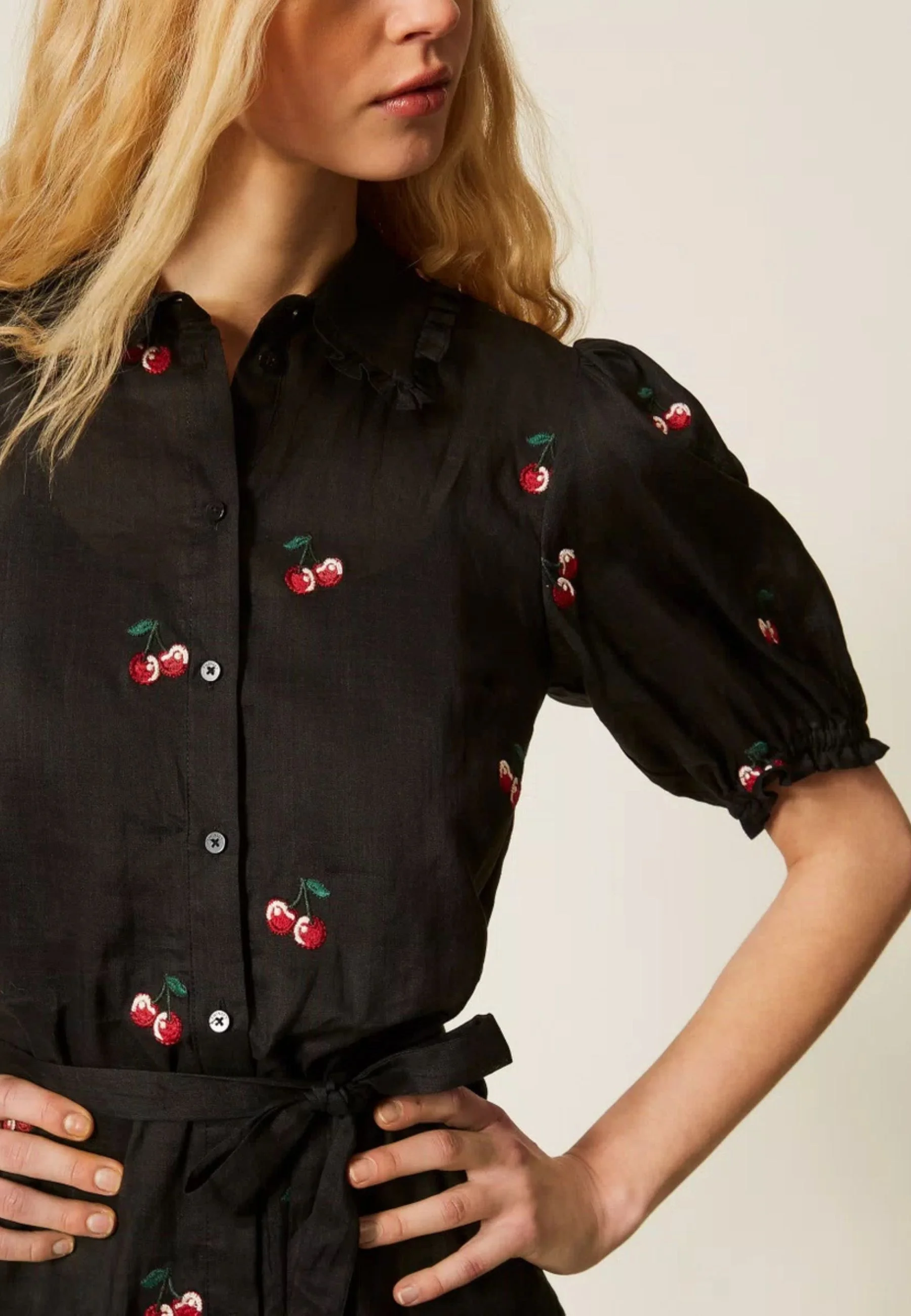 Playful Black Mini Dress with Ruffled Collar