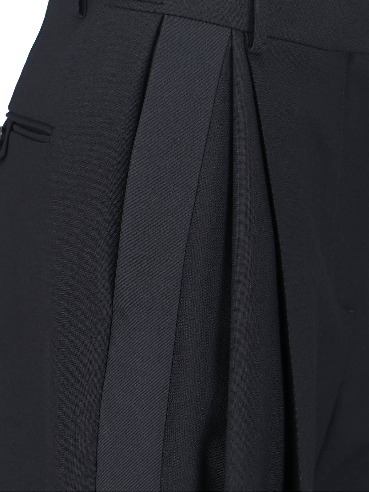 Black Tailored Wool Satin Stripe Trousers