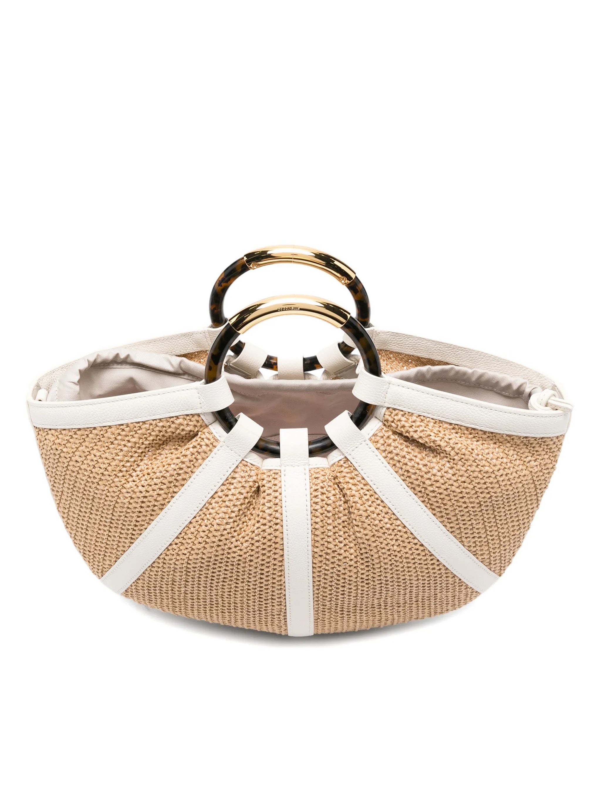 Shell Semi-Circular Straw Leather Trim Handbag