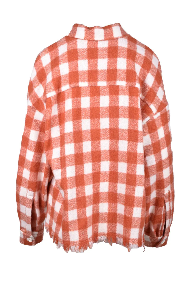 Cropped Checkered Shirt with Frayed Hem