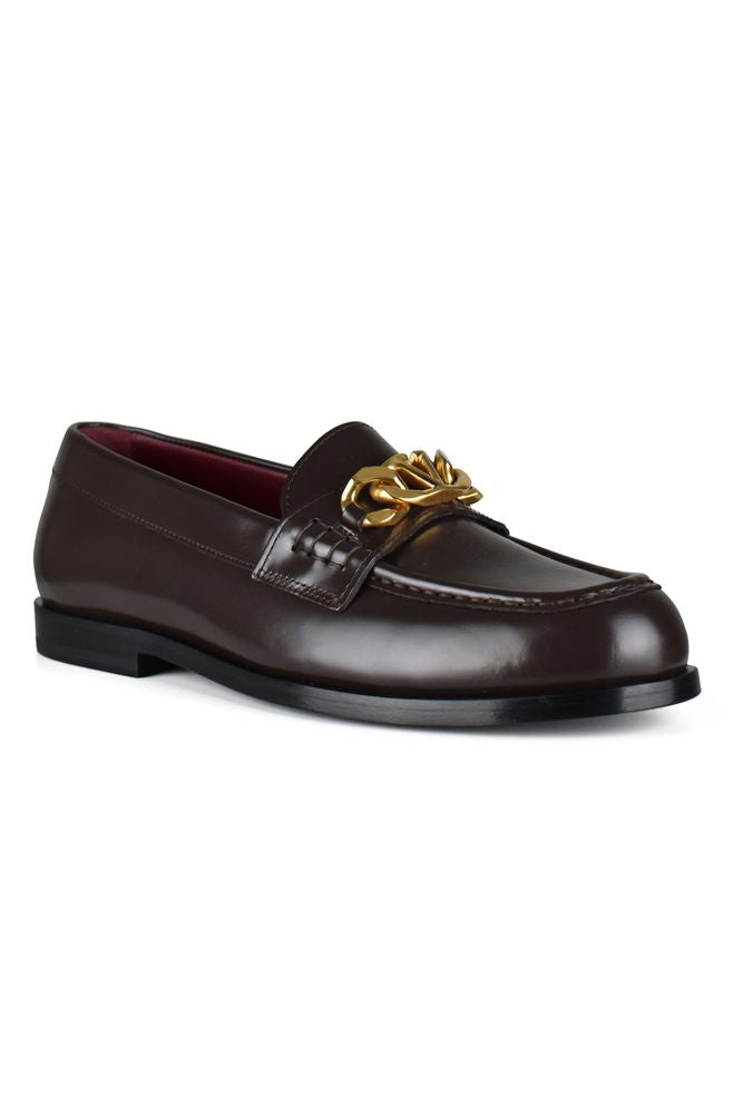 Brown Leather Loafers with Gold Chain Detail