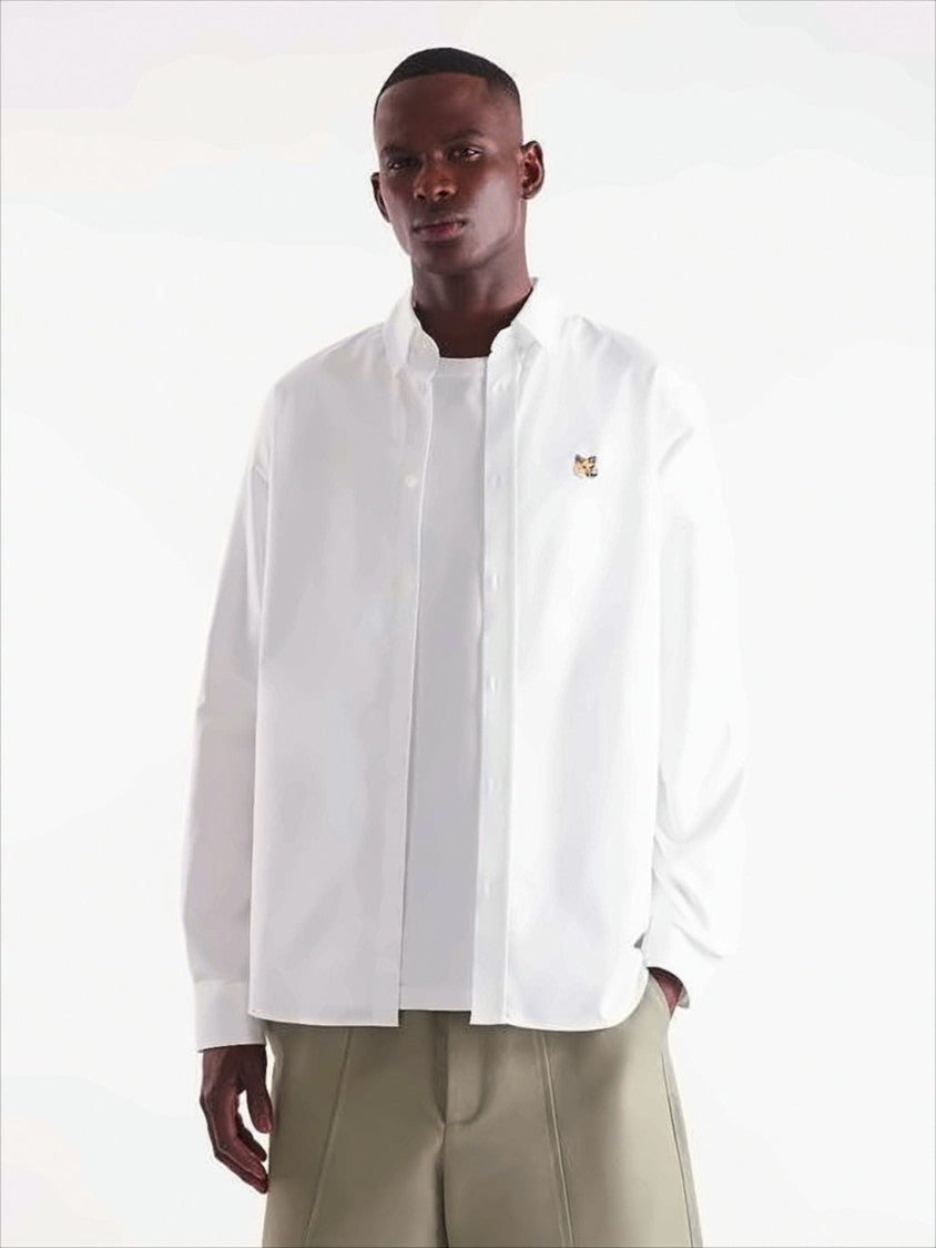 Long-Sleeve White Shirt With Classic Collar And Embroidered Fox Logo