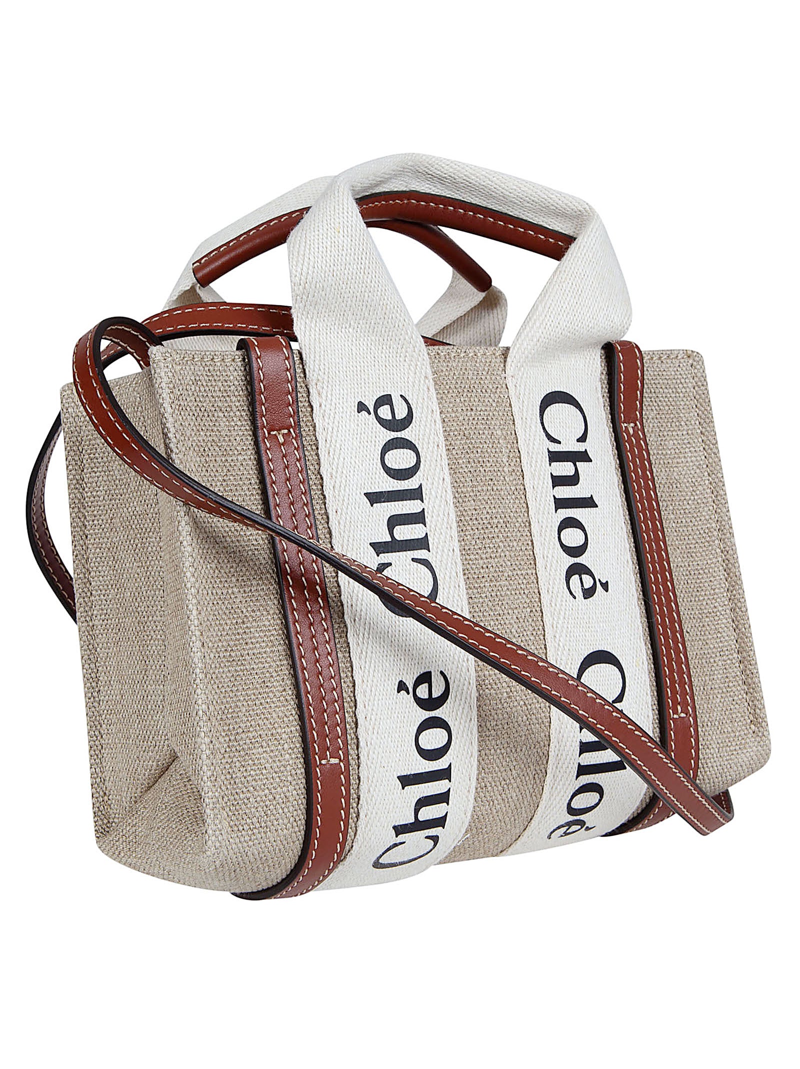Structured Rectangular Bag in Textured Beige Fabric with Leather Trim