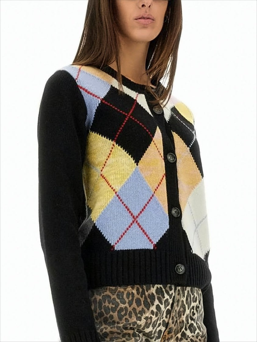 Button-Up Cardigan With Pastel Argyle Pattern And Ribbed Cuffs