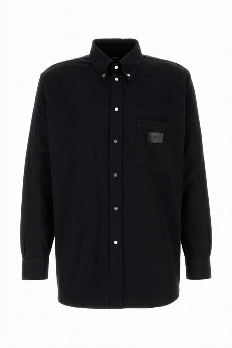 Minimalist Black Long-Sleeve Button-Down Shirt with Chest Pocket