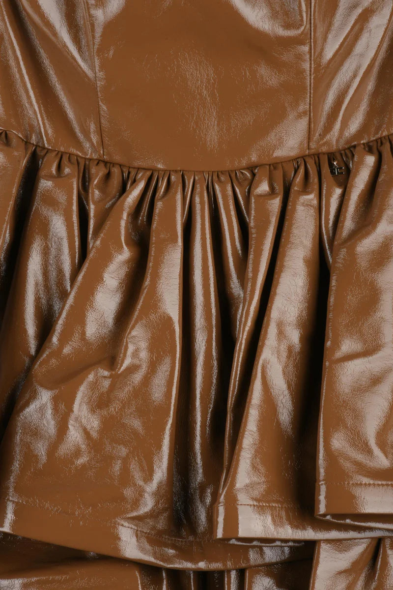 Short Faux Leather Dress Heart Neckline - Caramel